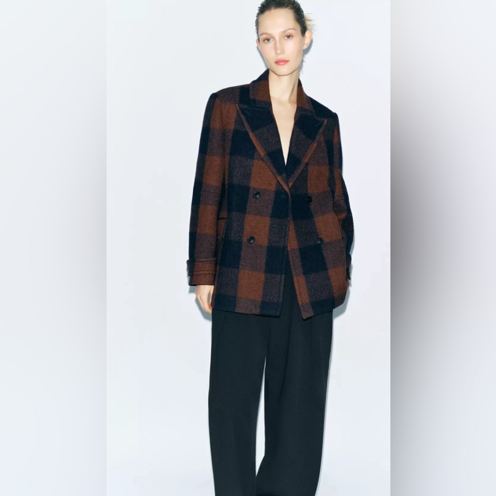 NWT Zara Manteca Wool Jacket Coat Size Large Brown Blue 2168/708 fall collection - Picture 7 of 11